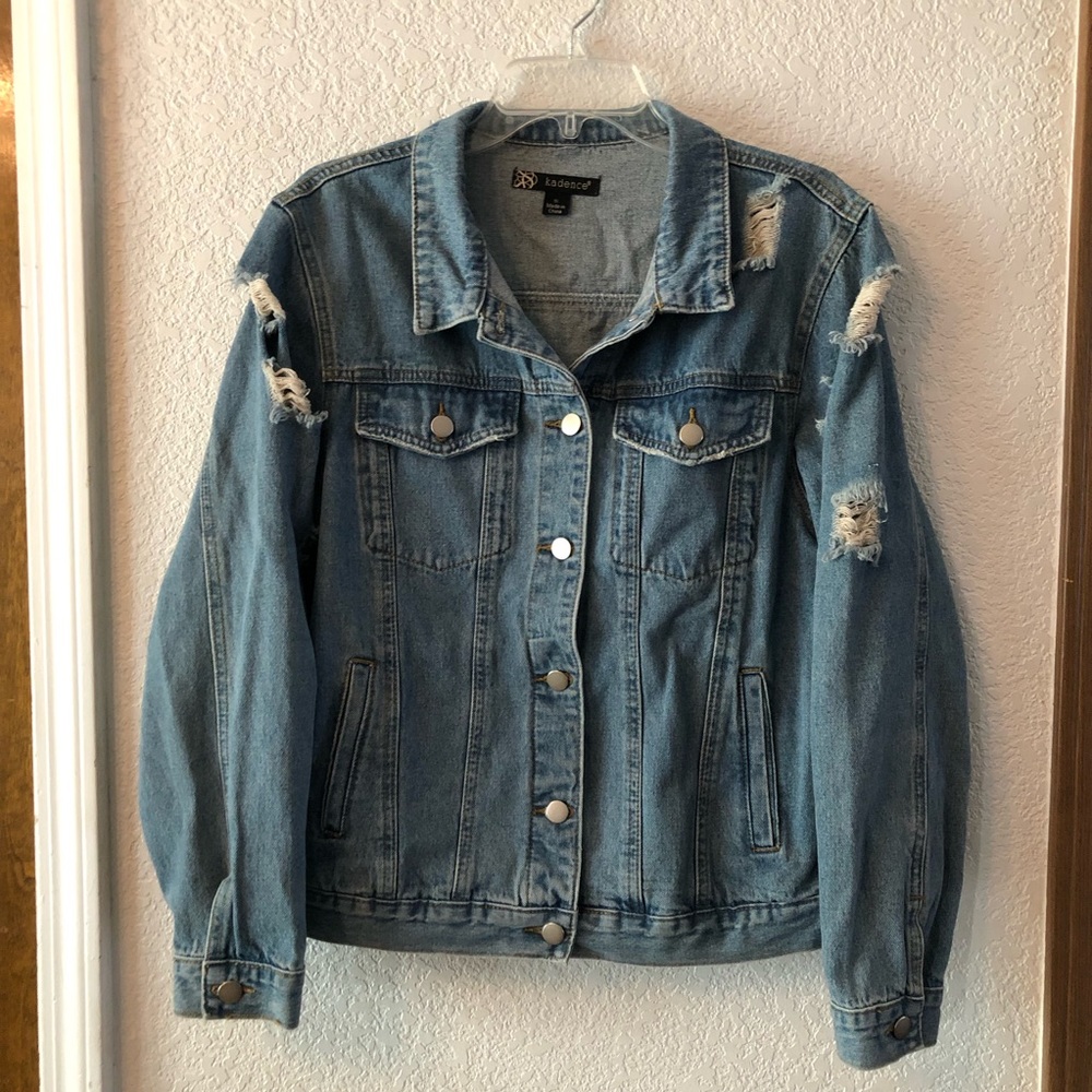Distressed jean denim jacket size S small